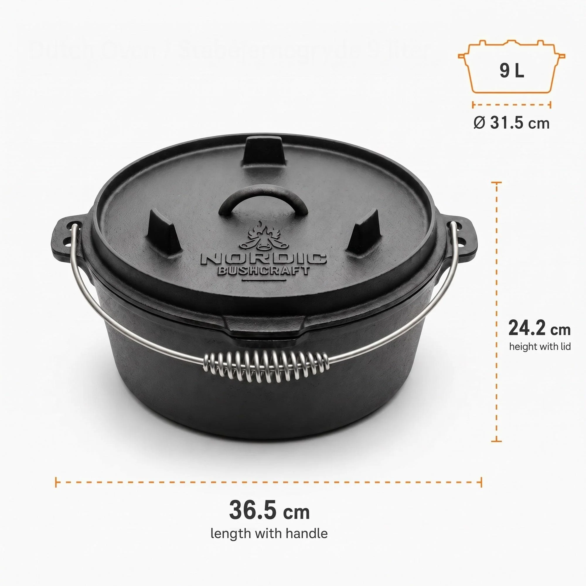 Nordic Bushcraft - 9L Dutch Oven Støbejernsgryde - Image 3
