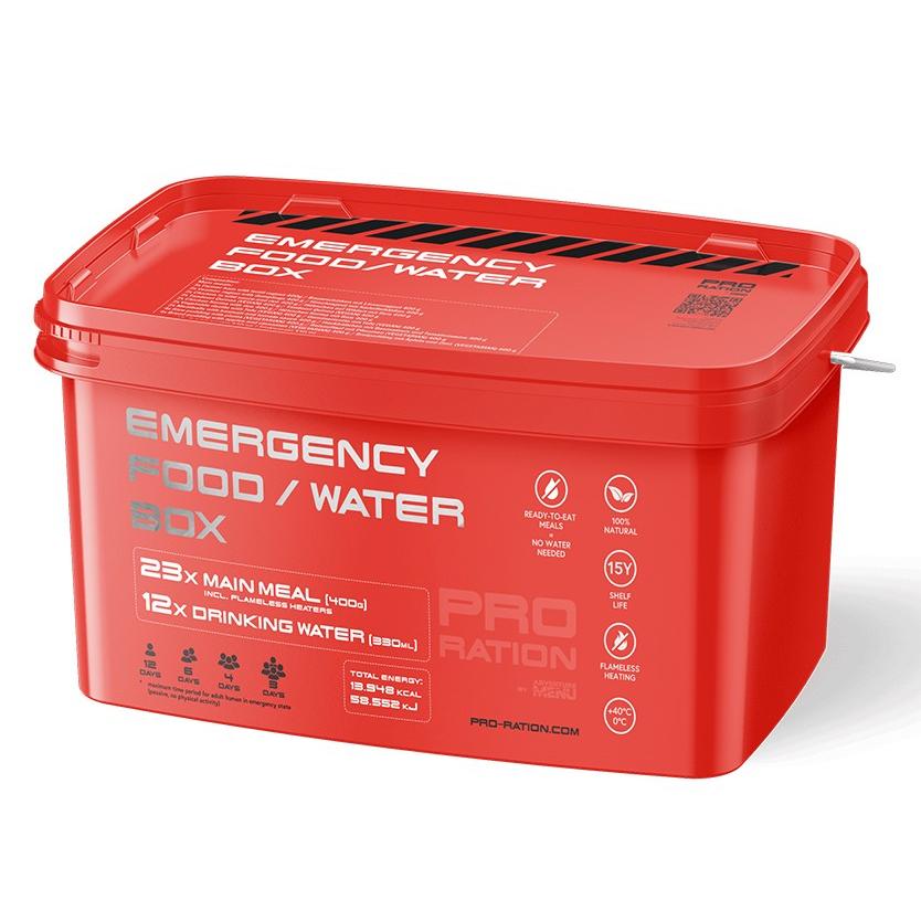 Pro Ration - Emergency Food/Water Box, 23 Måltider inkl. 4L Vand, 15 års Holdbarhed