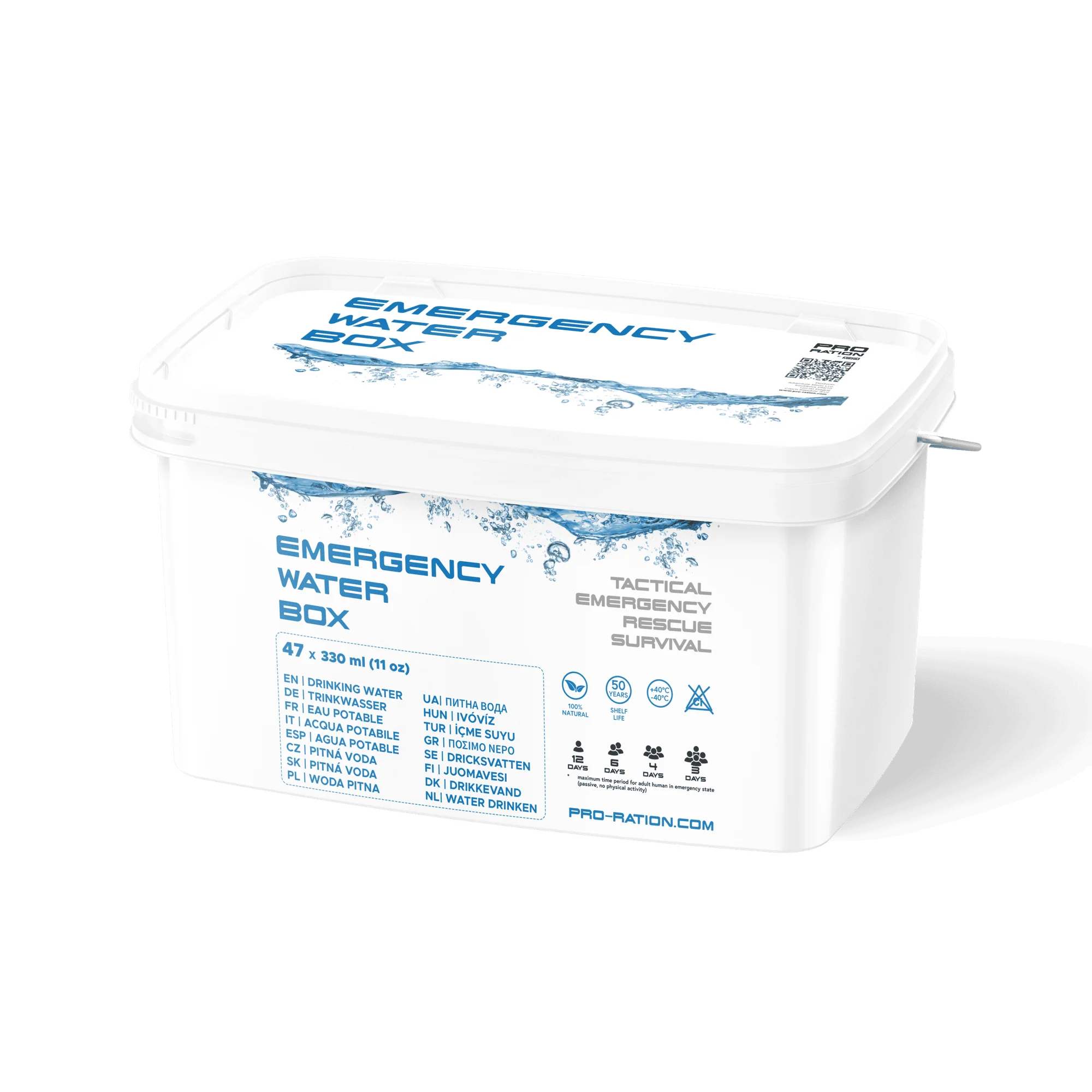 Pro Ration - Emergency Water Box, 47 x 330 ml (15,5 L), 50 års holdbarhed