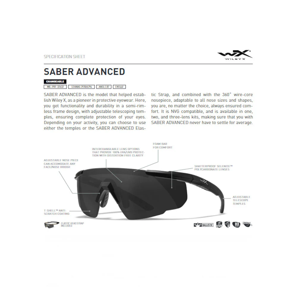Wiley X - Saber Advanced Ballistiske Briller i Sort // Grå/Orange - 2 Linser - Image 3